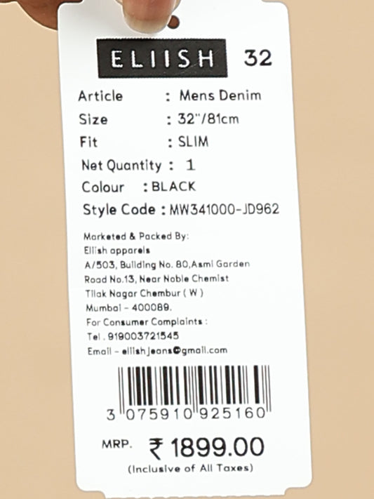 Eliish Mens Tailored Slim Fit Mid - Rise Stretchable Jean 962 Color : Black